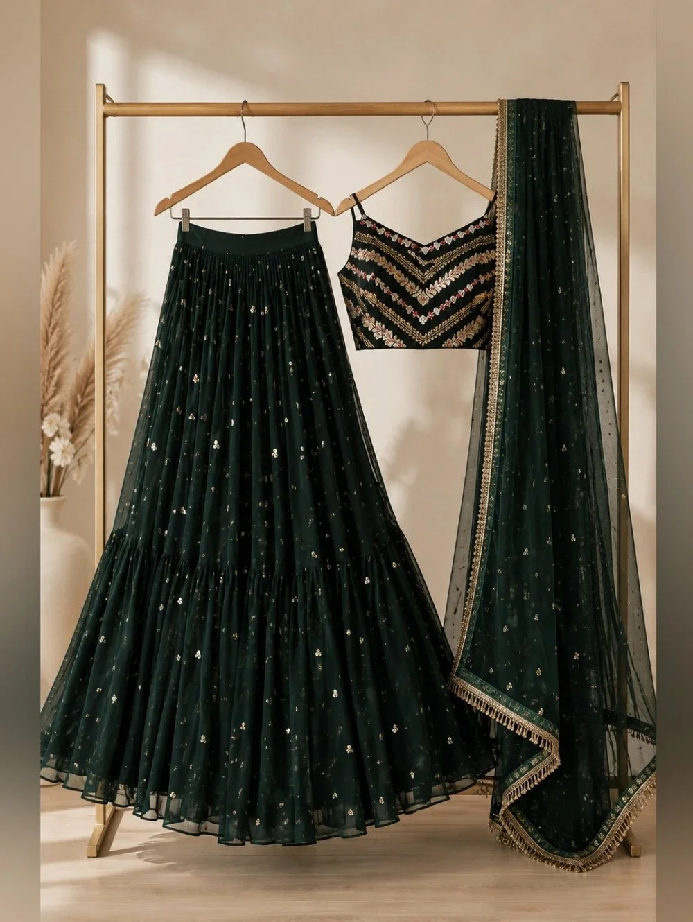 Green Embroidered Lehenga Choli Set with Dupatta | US 6